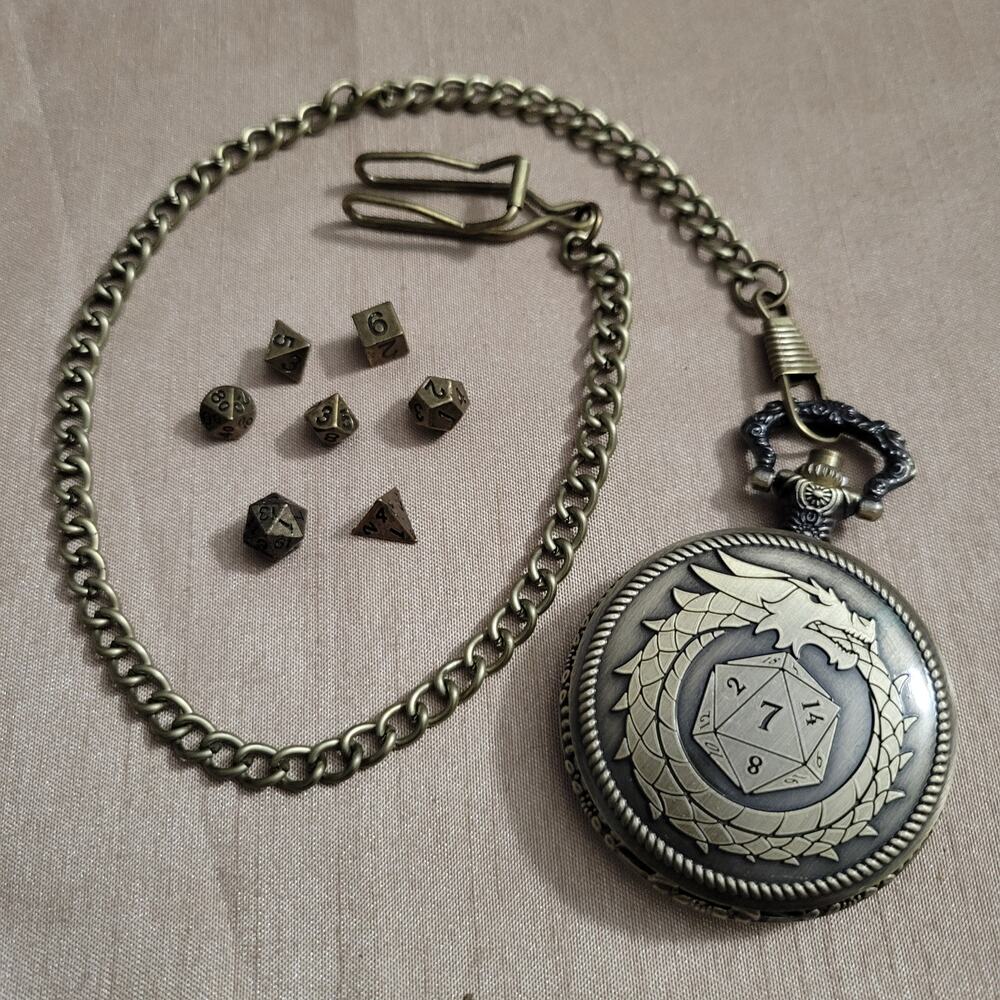 Mini DND silver gamer keychain dice set, 6mm set of 7 in pocket watch case